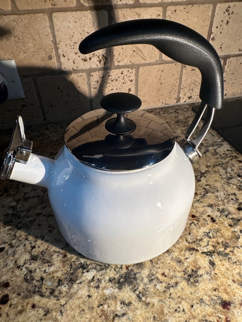 Chantal White Whistling Stovetop Tea Kettle with Black Handle Gently Used.